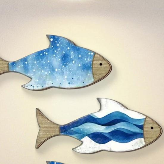 3 Pcs Vintage Beach Wall Decor Nautical Wooden Fish Wall Art Coastal Theme Blue Fish Wall Sculpture Lake House Ocean Ornaments for Bathroom Bedroom