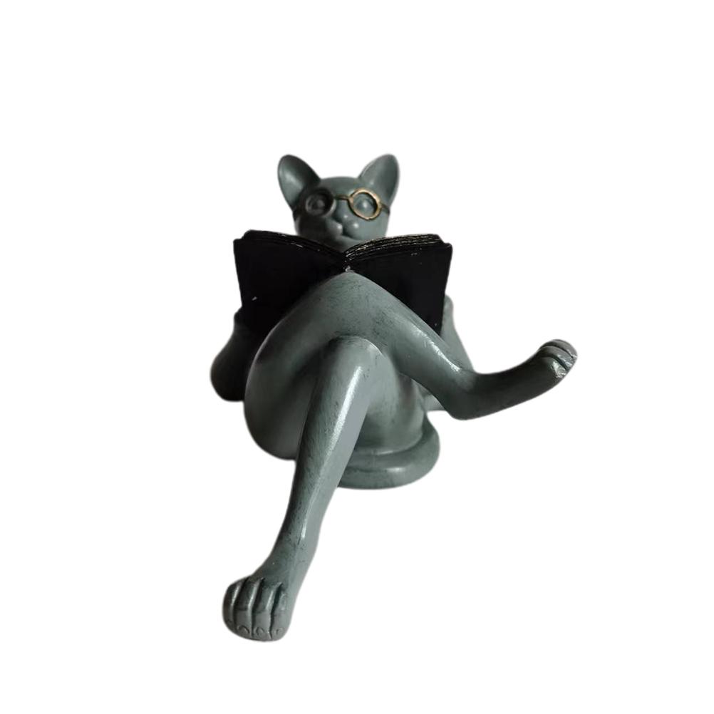 Literary Cat Resin Ornaments Garden Statue Decoration Reading Glasses Cat Crafts for Study and