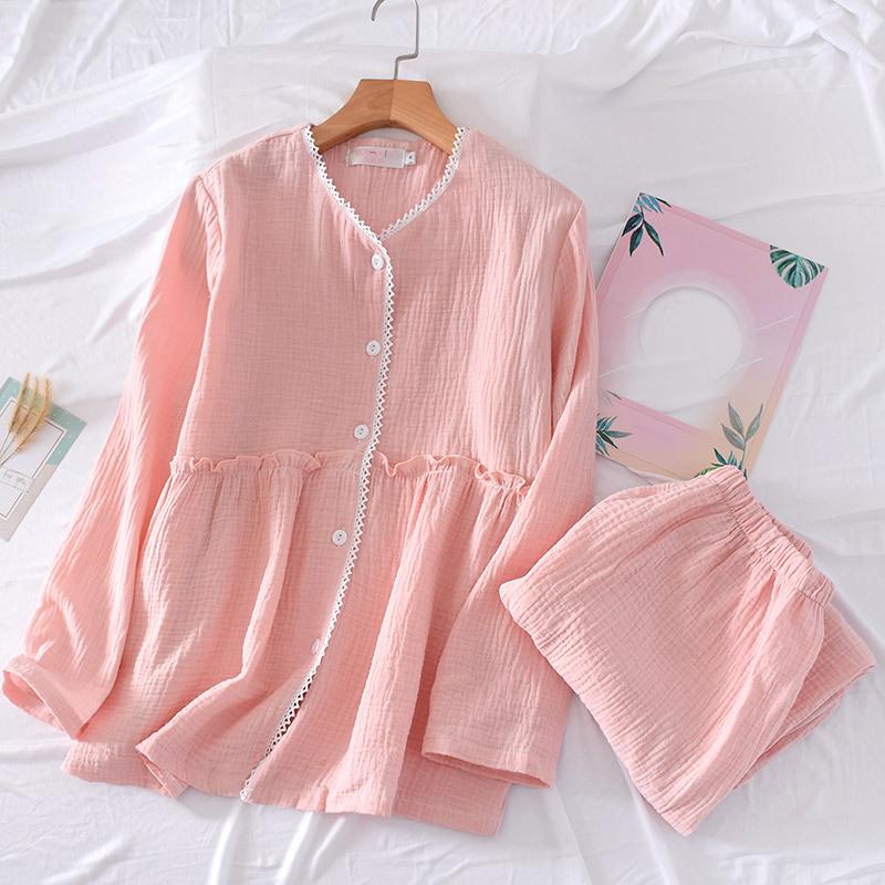 New Spring and Autumn Women's Pajamas Set Pure Cotton Crepe Long-sleeved Trousers Home Wear Set Women's Pajamas