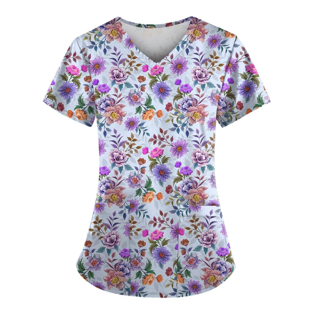 Женские футболки с персонализированным милым принтом, топ с v-образным вырезом и короткими рукавами, рабочая форма, топы с карманами