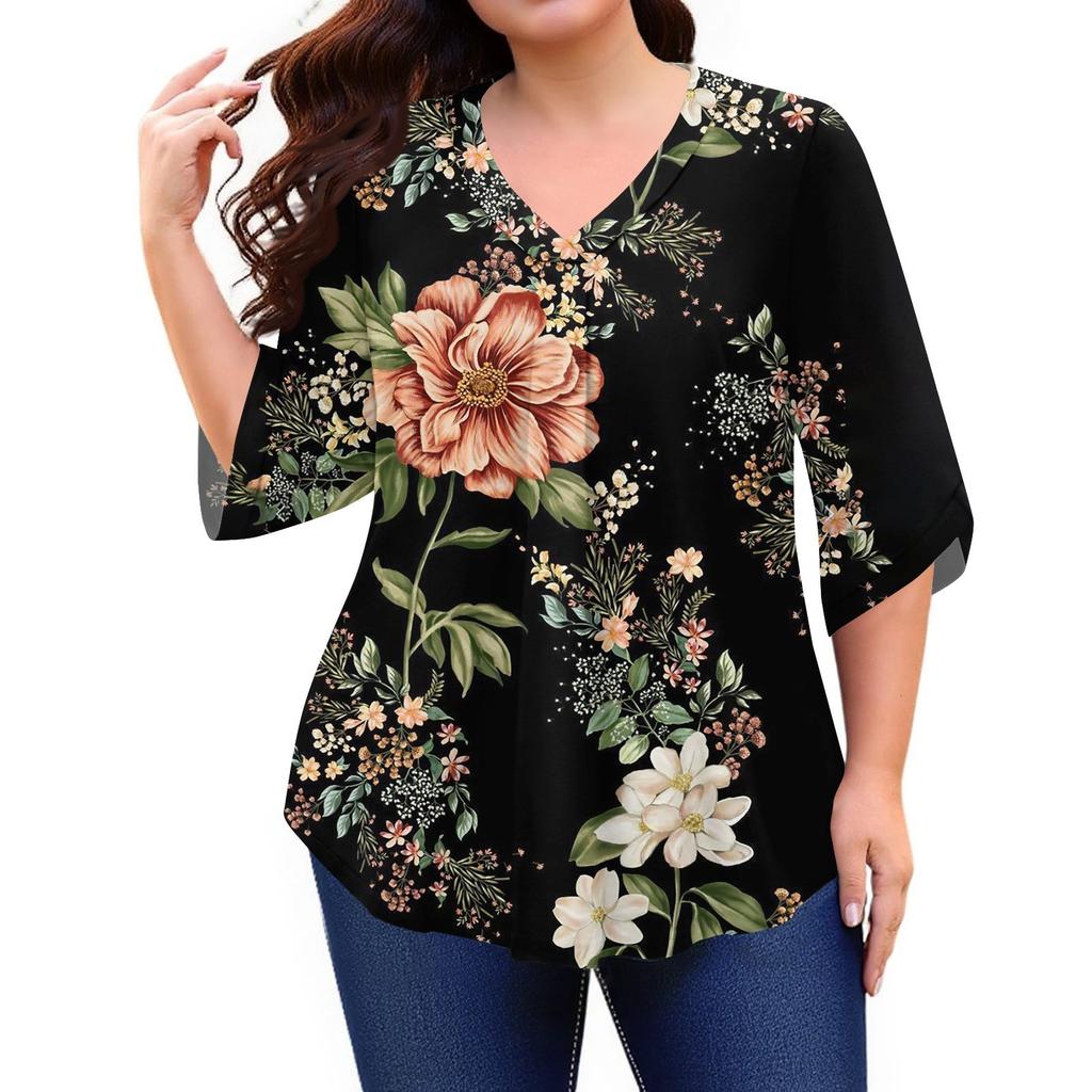 Women's Fashion Large Size Print V-Neck Three-quarter Sleeve Top