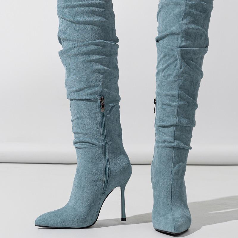 Женские новые модные высокие сапоги 2024 года с плиссированным дизайном в ковбойском стиле с острым носком, сексуальные зимние теплые сапоги на шпильке с высоким каблуком Botas Mujer