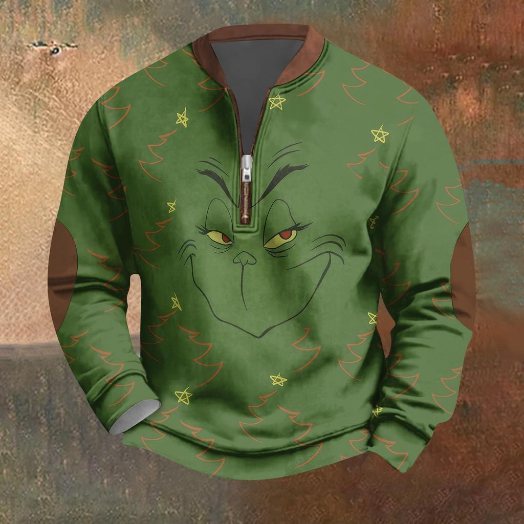 Мужская винтажная зеленая рождественская повседневная толстовка на молнии с трехмерным принтом, пуловер