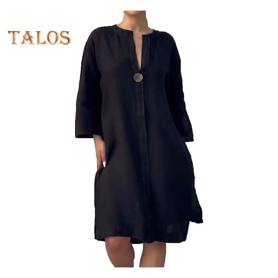 Женское осенне-летнее платье Свободное платье с V-образным вырезом и рукавами три четверти Трапециевидной формы Сплошной цвет с разрезом на пуговицах Декор Повседневная повседневная одежда Платье миди