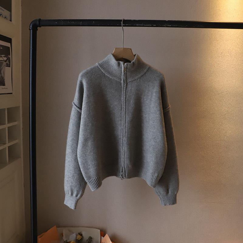Stand-up collar double zipper knitted cardigan women's 2024 autumn and winter new loose versatile solid color premium sweater jacket