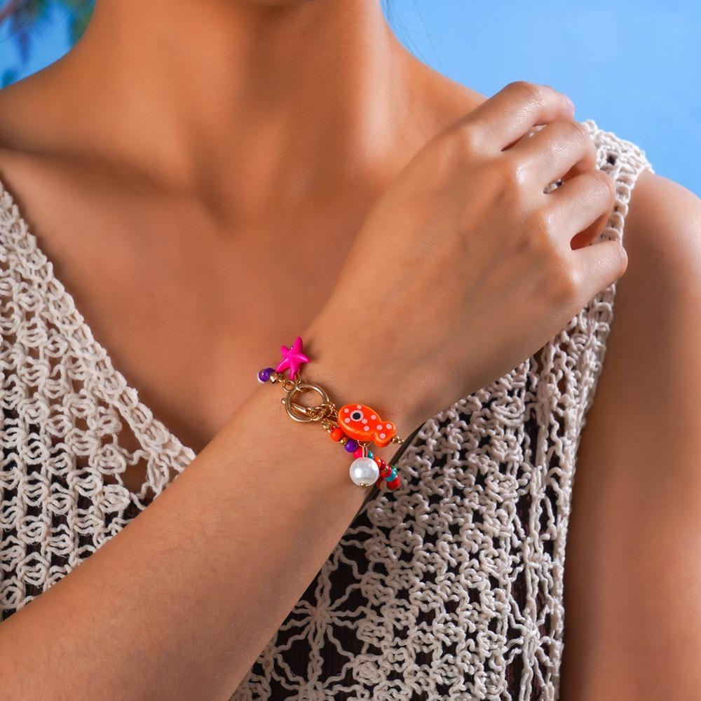 Bohemian Ceramic Fish Bead Bracelet for Women Sea-inspired Charming OT Buckle Bracelets with Synthetic Turquoise Beads
