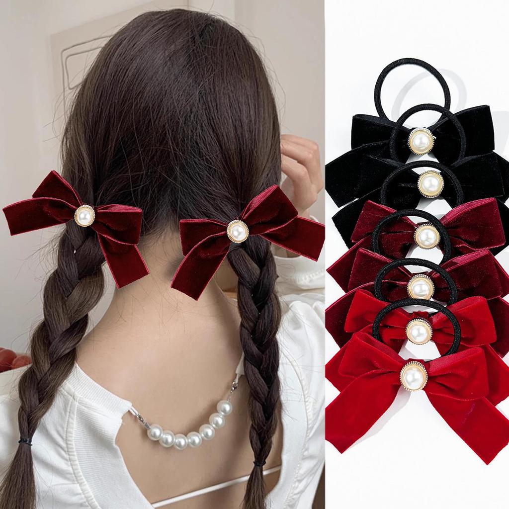 South Korea Pearl Velvet Bow Hair Tie - Sweet Retro Double Ponytail Accessory