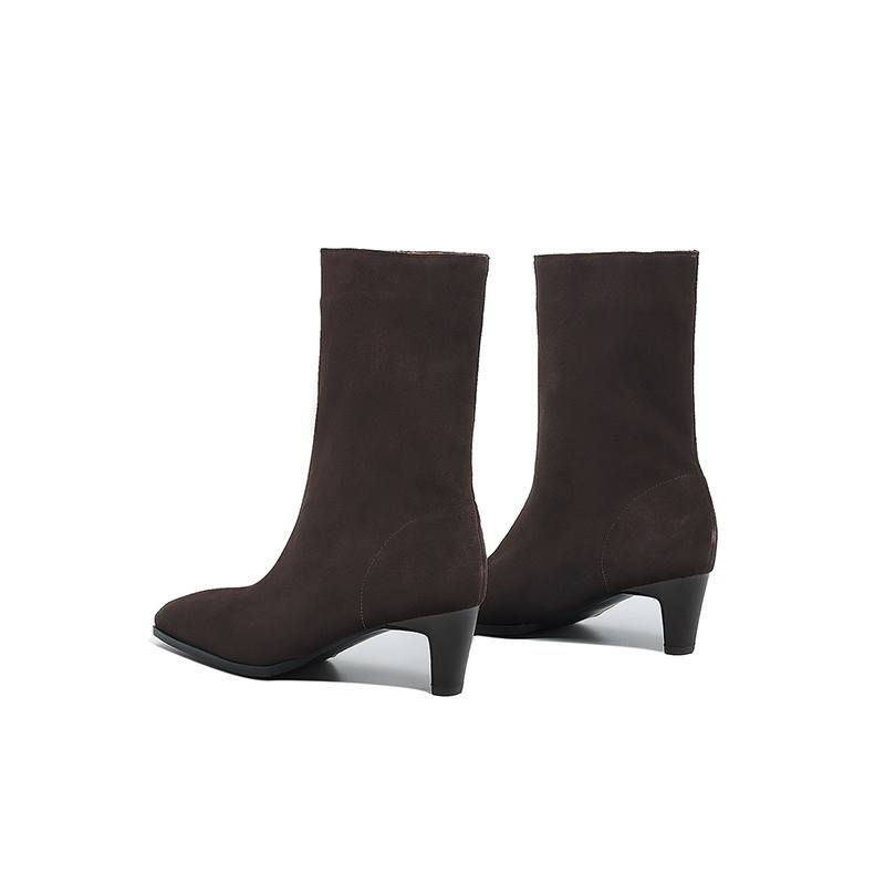 Krazing Pot Замша Нубук Осень Зима Обувь Толстый Высокий Каблук Большой Размер 43 Современные Сапоги Квадратный Носок Сохраняют Тепло Слипоны Сапоги до середины икры