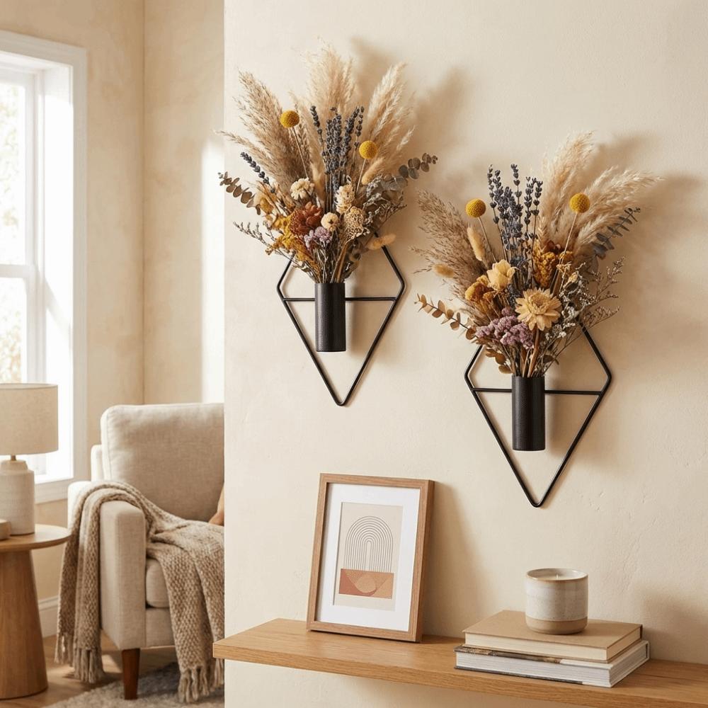 2PCS Black Wall Hanging Vase Iron Wall Mount Flower Vase Modern Metal Wall Vase Bedroom