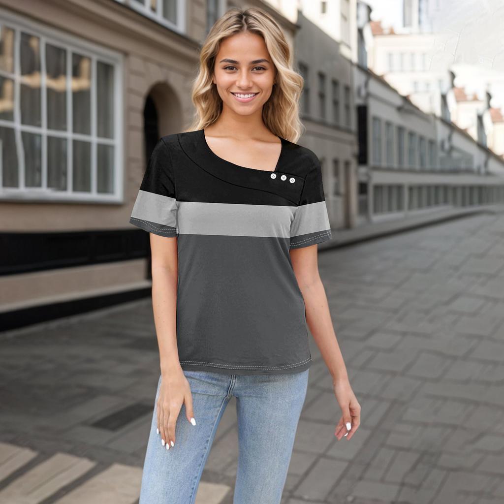 Женская повседневная футболка с асимметричным вырезом и коротким рукавом, декоративная пуговица