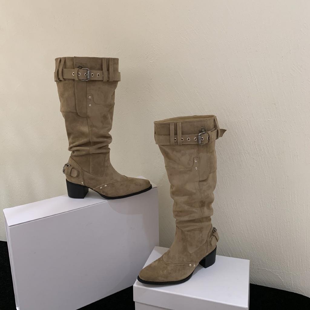Coarse heel French pointed western cowboy boots women's boots new tall stacking boots