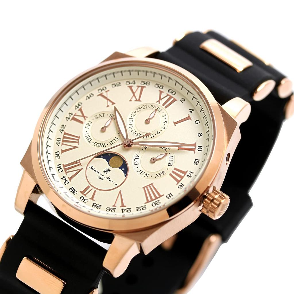 Watch Moon Phase Multi Calendar 5 ATM Water Resistant Business Formal Rubber Belt Limited Model White Pink Gold [Salvatore Mara] Men's SM22105R-PGWH