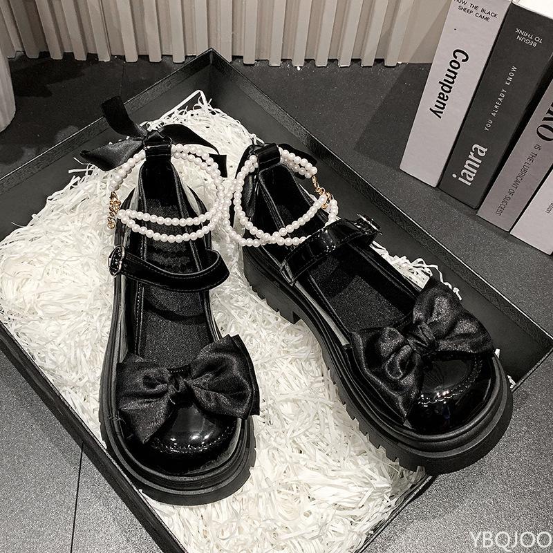 Fashion Thick Soled Shoes Women's Bow Round Toe Cute High Heels Spring New Versatile Elegant Comfortable Small Leather Shoes