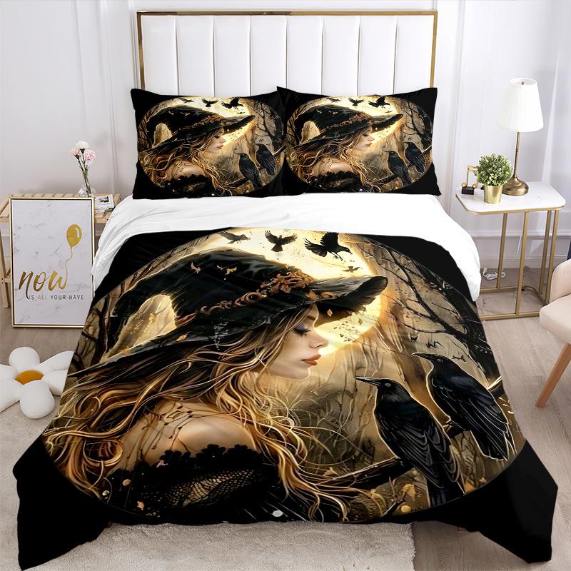 3pcs Witch's Moonlit Journey Bedding Set - Includes Quilt Cover and Pillowcases, Suitable for All Seasons J094