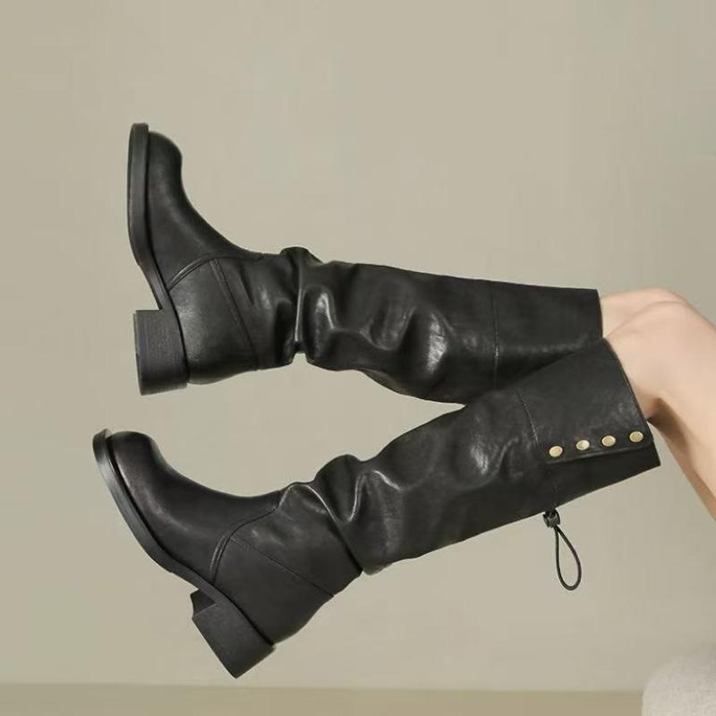 Cowhide version~ Genuine leather platform two through knee boots women's retro thick heel stacked boots western cowboy boots knight boots