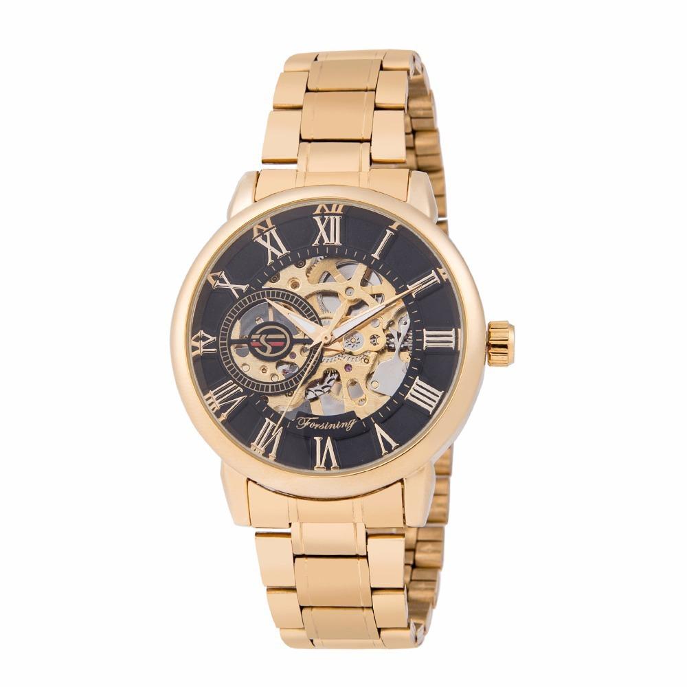 Forsining Часы мужские часы модные повседневные золотые часы стальной ремешок полые автоматические механические часы S838-9-A