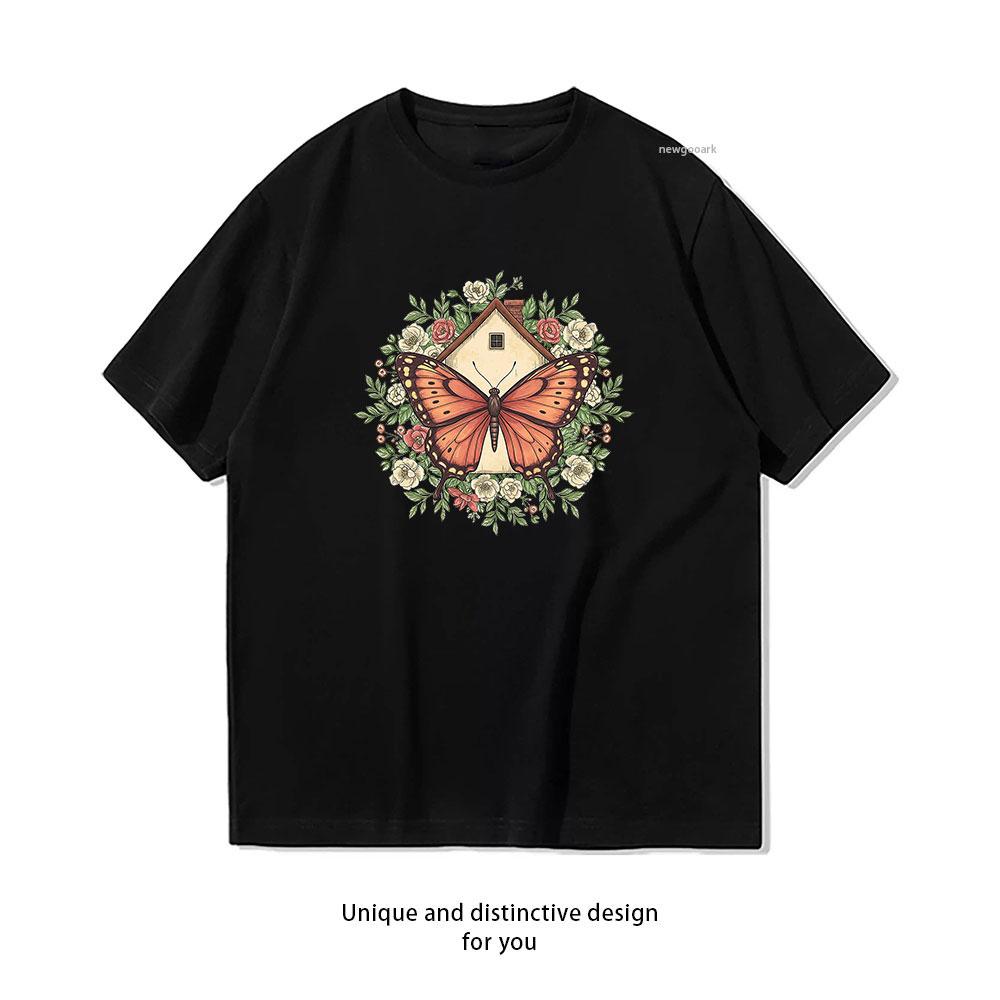 Butterfly Cottage Floral Botanical Art Classic TShirt Women Unisex Casual Cotton Graphic T Shirts Creative Camisetas