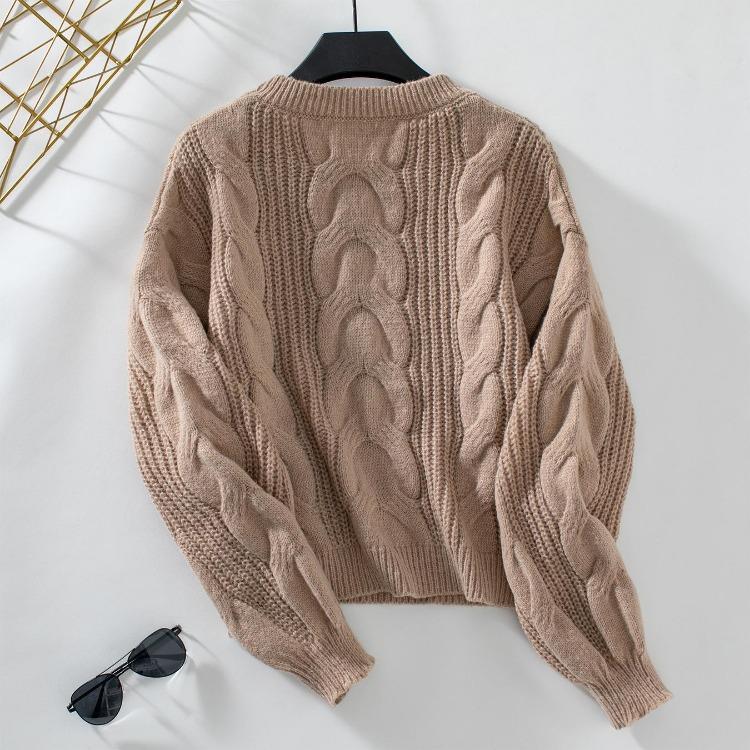 Autumn Winter Vintage Cardigan Sweater Top Loose Long Sleeve O Neck Solid Color Knitwear