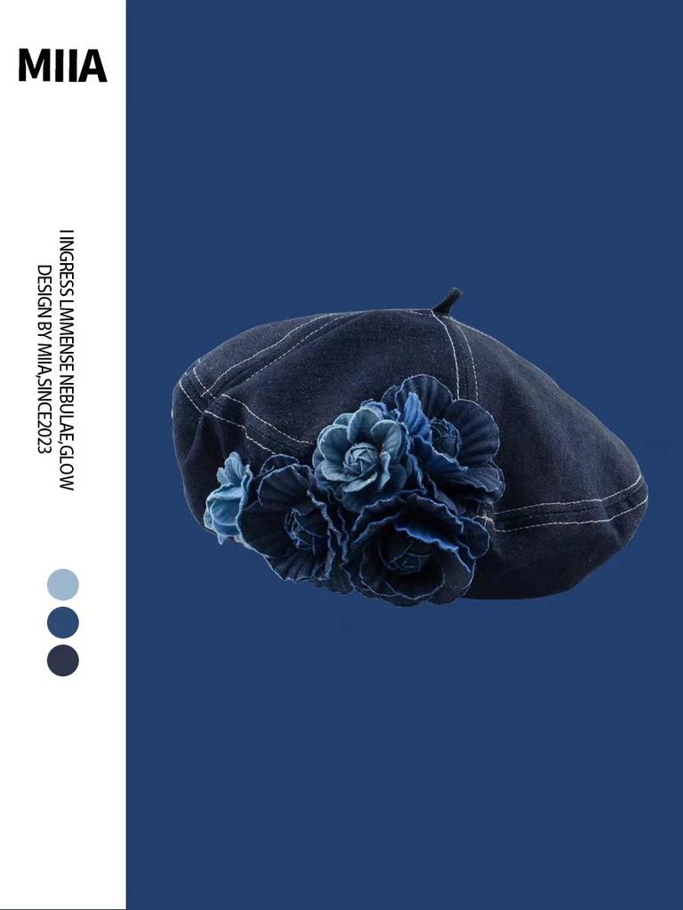 Spring And Summer Contrasting Colors Denim Camellia Trendy Fluffy Painter Hat Casual Fashionable Beret