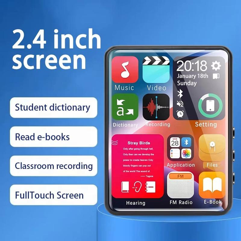 2,4-дюймовый полноэкранный сенсорный MP3-плеер, мини-MP4-плеер с Bluetooth, 4–128 ГБ, Hi-Fi, HD, запись без потерь, FM-радио