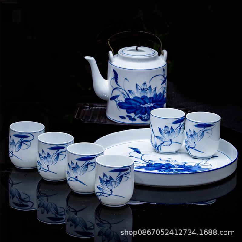 Hand-painted blue and white porcelain tea set Home meeting office Chinese Jingdezhen ceramic beam teapot teacup