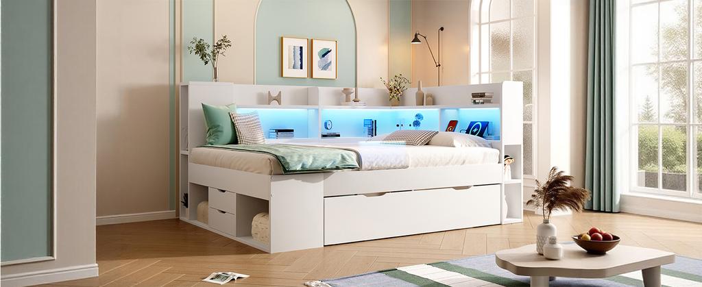 Daybed 140x200 cm White Double Guest Bed, Wood-Based, LED Lighting, USB & Type-C Charging, Shelves & Drawers, incl. Slatted Frame (With Mattress)