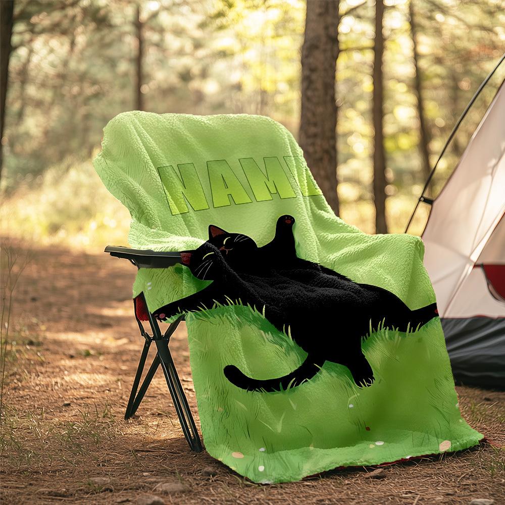 Black Cat Lying On Grass Outdoor Customize Your Name Blanket Soft Cozy Lightweight Allseason Multiuse Blanket For Travel Camping Picnic Sofa Office