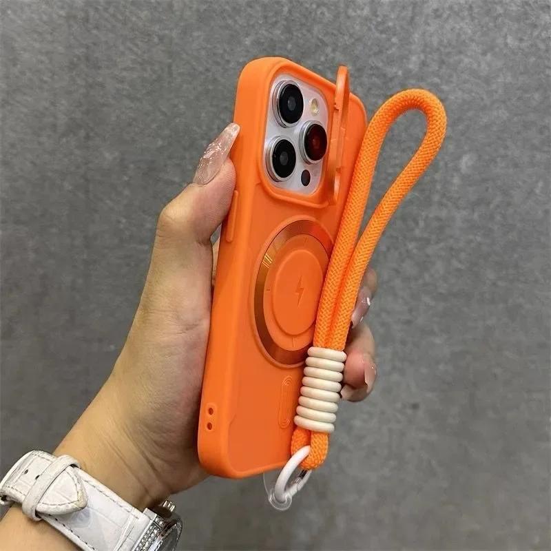 Flip Up Lens Holder Magnetic Case for For Iphone 16 1 14 13 12 11 Pro Max 17 Plus Nylon Wristband Lanyard Soft Cover