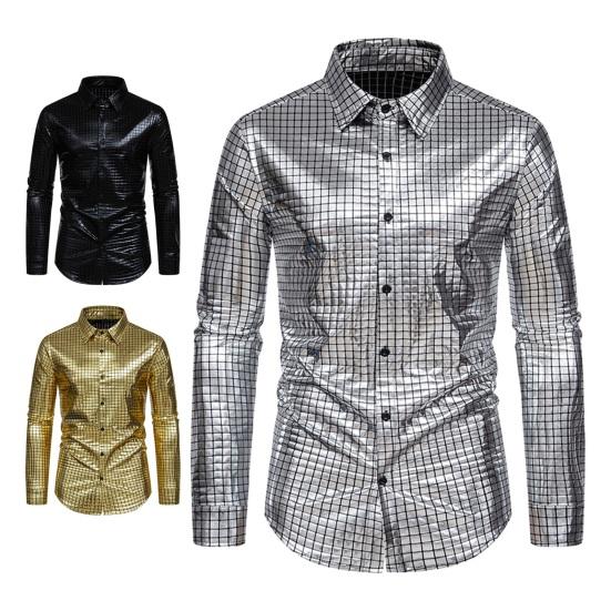 Мужская клубная рубашка с глянцевым отложным воротником и длинными рукавами, однобортная однобортная рубашка свободного покроя с пуговицами, костюм средней длины для сценического шоу