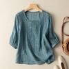Mid Sleeve Cotton Linen Blouses & Shirts Top Women's Embroidered Loose Artistic Retro T-shirt Summer
