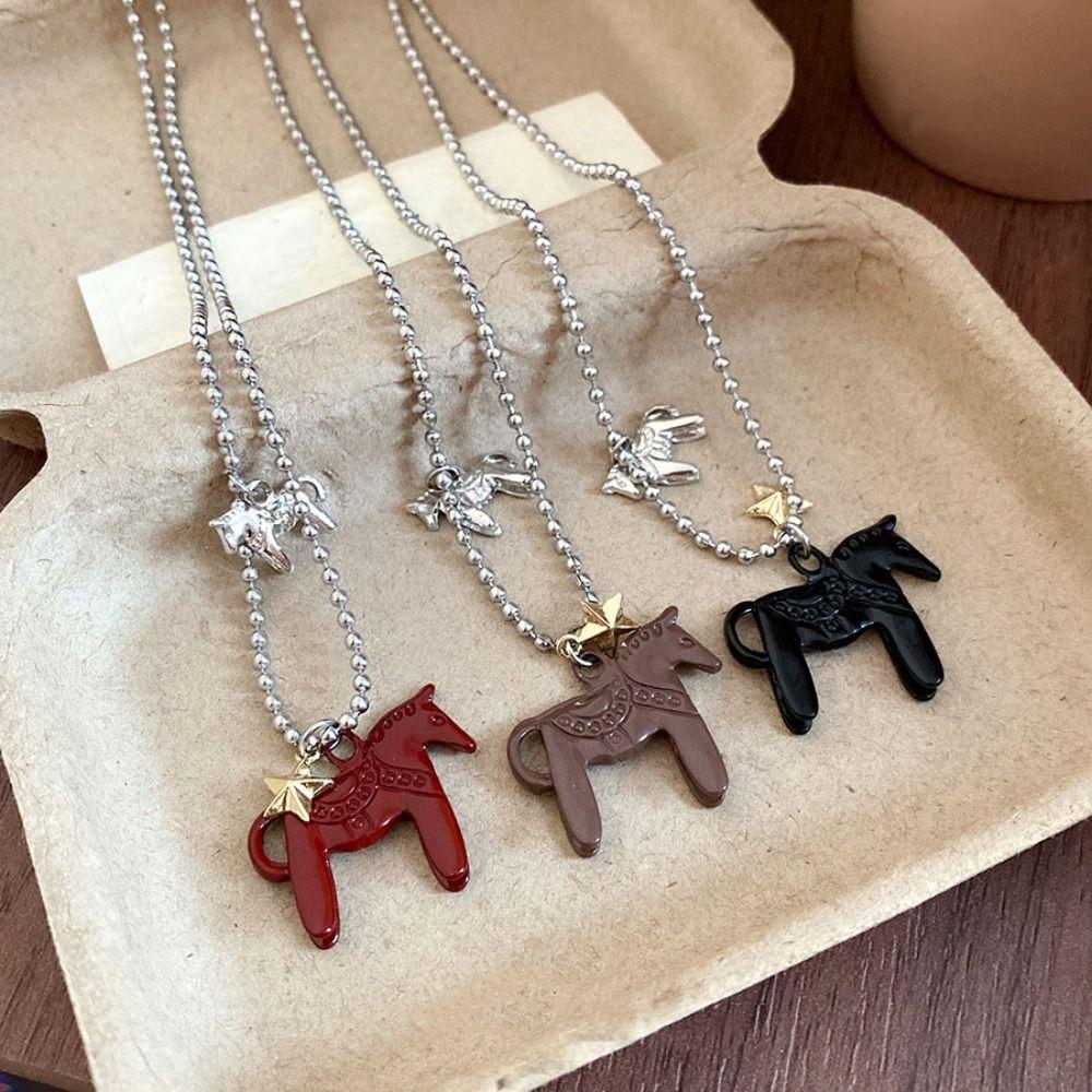 Zinc Zinc Alloy Horse Pendant Necklaces Funny Zodiac Animal Necklaces Beads Chain Chokers for Women