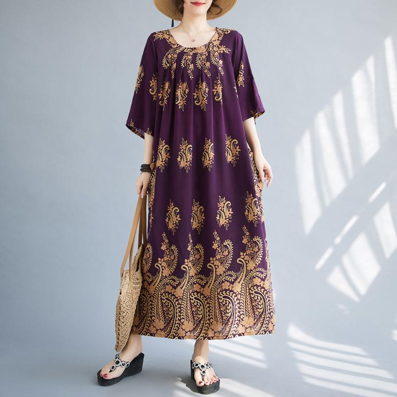 DIMANAF Большие размеры женское 2024 новое летнее хлопковое свободное платье винтажное платье с круглым вырезом базовые длинные платья оверсайз