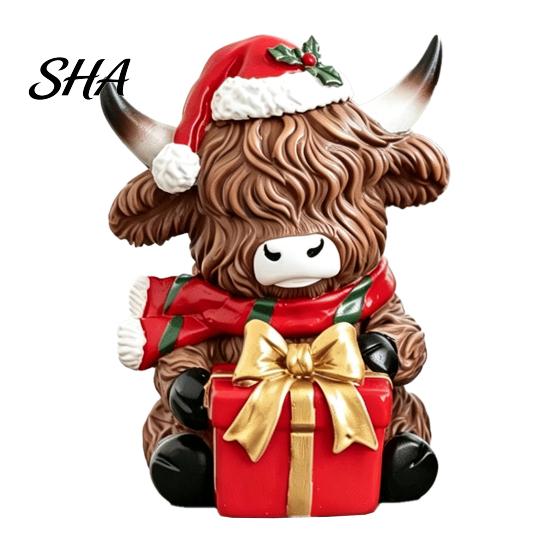 Christmas Tree Hanging Decorations Highland Cow Figurine, Resin Holiday Statue with Santa Hat & Small Animal Figurines Gift Box, Cute Sitting