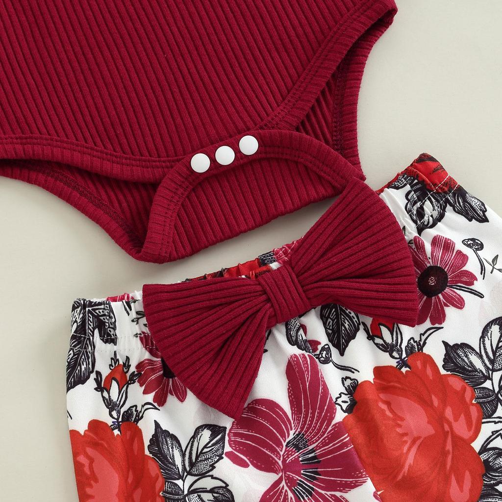 Infant Girl Autumn Clothes Set, Solid Color Ribbed Long Sleeve High Neck Romper + Flower Leaf Print Flare Pants + Headband