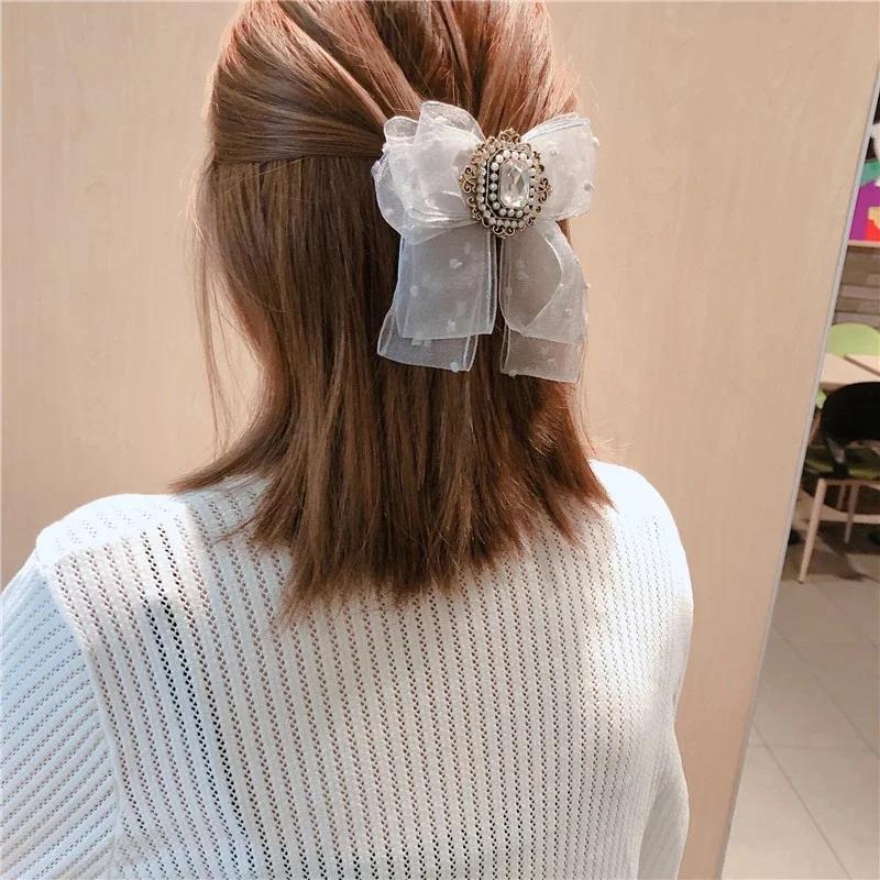 Korean Yarn Bow Spring Clip Crystal Headband Hair Pins Head Jewelry Fashion Bridal Headpiece Hair Accessories for Women Wedding