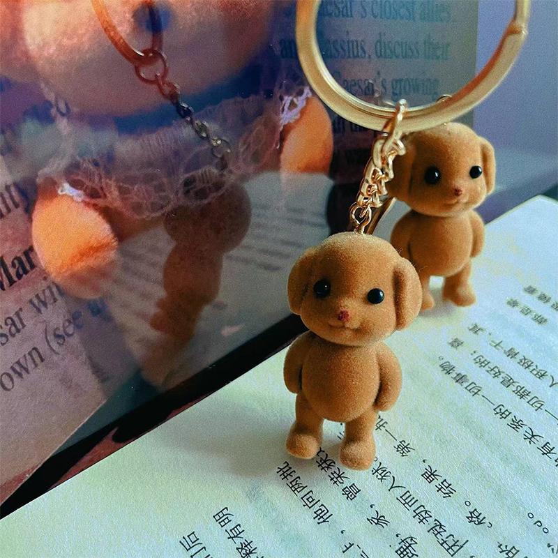 Forest Family Flocking Dog Keychain Cute Flocked Little Poodle Animals Keyring Bag Pendant Backpack Charms Car Decor Accessories