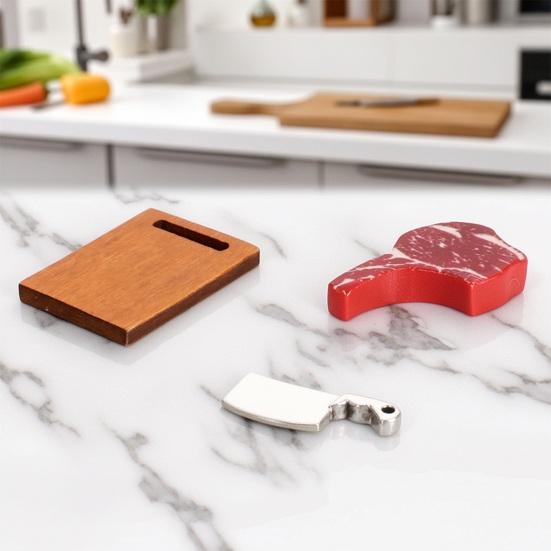 Mini Steak And Knife Set 3Pcs/Set Cutting Board, Tiny Wooden Realistic Miniature Food Display for Doll Mansion Kitchen Butcher Board