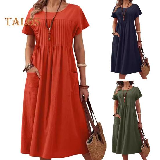 Женское повседневное платье, платье макси с круглым вырезом, короткими рукавами и карманом, свободное летнее платье для офиса, повседневная пляжная вечеринка