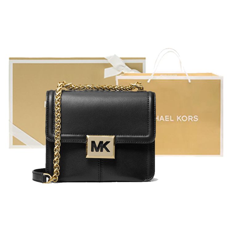 Michael Kors MK Sonia Маленькая Сумка на Цепочке Кожаная Однотонная с Клапаном Большой Логотип Кожаная Наплечная Сумка Кроссбоди Женские сумки Черный 35F1G6SS5L-001
