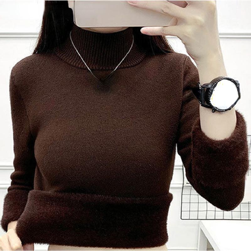 Корейский теплый свитер, пуловер, женский зимний тонкий утепленный плюшевый трикотаж на бархатной подкладке, джемпер, полуводолазка, поляры, мягкие вязаные топы