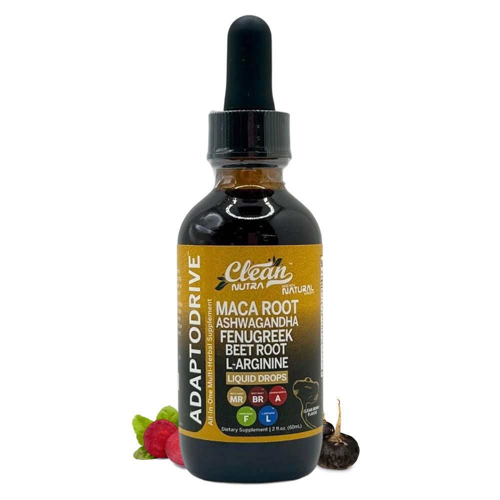 Clean Nutra Adaptodrive — Maca Ashwagandha Fenugreek Beet Root L-Arginine Liquid Drops, 6-in-1 Herbal Tincture, 2 fl oz (60mL)