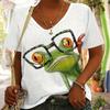 Plus Size Casual T-shirt, Women's Plus Cute Frog Print Short Sleeve V Neck Slight Stretch Top