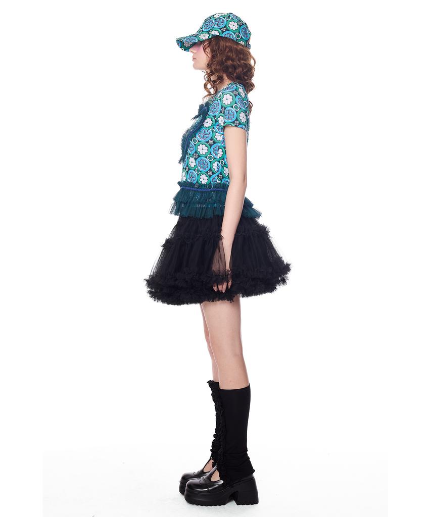 Greedius Sheer Lace Tiered Ruffle Mini Skirt