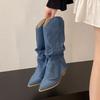 Fashion Luxury Designer Brand Pointed Cowboy Single Boots Women's Four Seasons Sleeve Non-Slip Wear-Resistant Square Heel Mid-Cone Boot