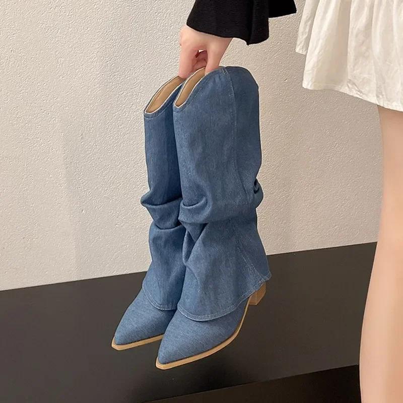 Fashion Luxury Designer Brand Pointed Cowboy Single Boots Women's Four Seasons Sleeve Non-Slip Wear-Resistant Square Heel Mid-Cone Boot