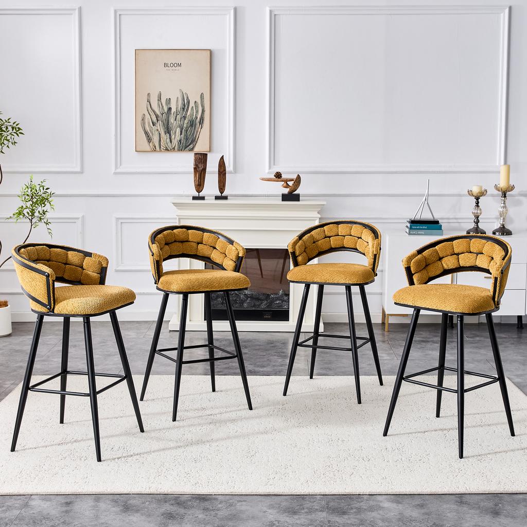 Set of 2 Yellow Velvet Curtain Chairs with Black Iron Legs, Modern Bar Stools for the Home Bar Area