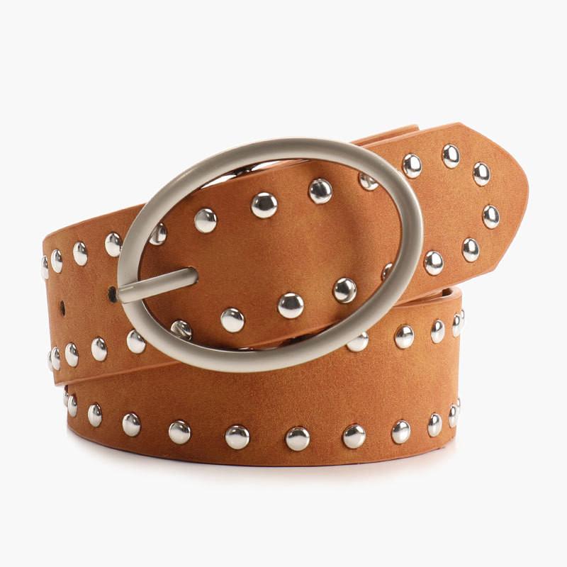 Streetwear Women Leather Rivets Belt With Alloy Metal Buckle For Use Daily