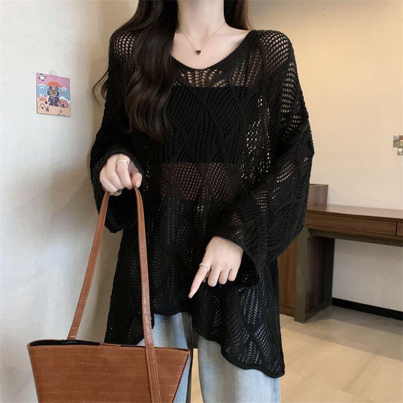 Lazy Style Hollow Out Knitted T-shirt for Women In Summer Thin Outer Layer Sun Protection Cover Fat MM Loose and Slimming Top