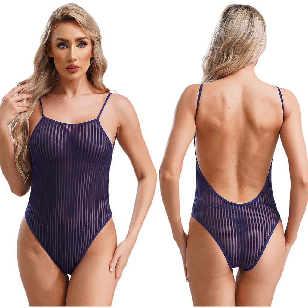 Women Stretchy Bodysuit High Cut Leotard Nightwear Backless Bodysuit Spaghetti Straps High Cut Leotard Monokini Swimwear