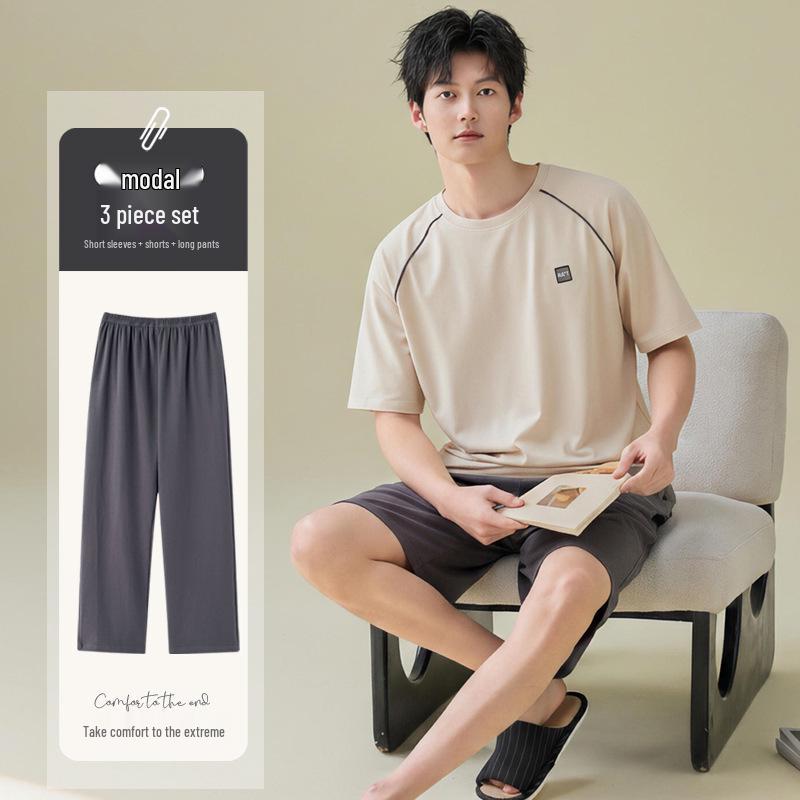 Мужской летний модальный пижамный комплект: Топ с коротким рукавом и длинные брюки, прохладные на ощупь, повседневная одежда для отдыха на природе.